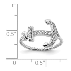 Sterling Silver Rhodium-plated Polished and Textured CZ Anchor Ring - 2