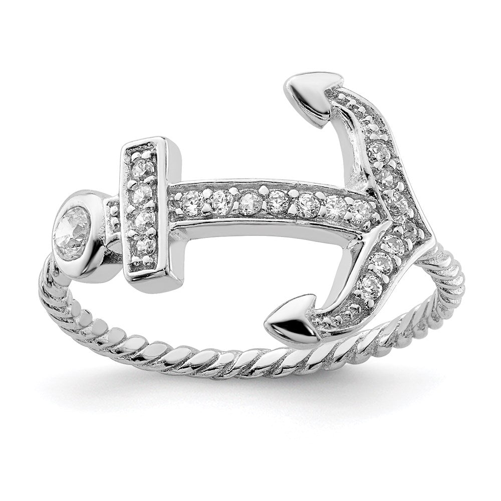 Sterling Silver Rhodium-plated Polished and Textured CZ Anchor Ring - 3