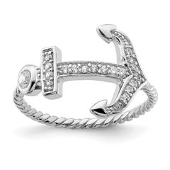 Sterling Silver Rhodium-plated Polished and Textured CZ Anchor Ring - 3