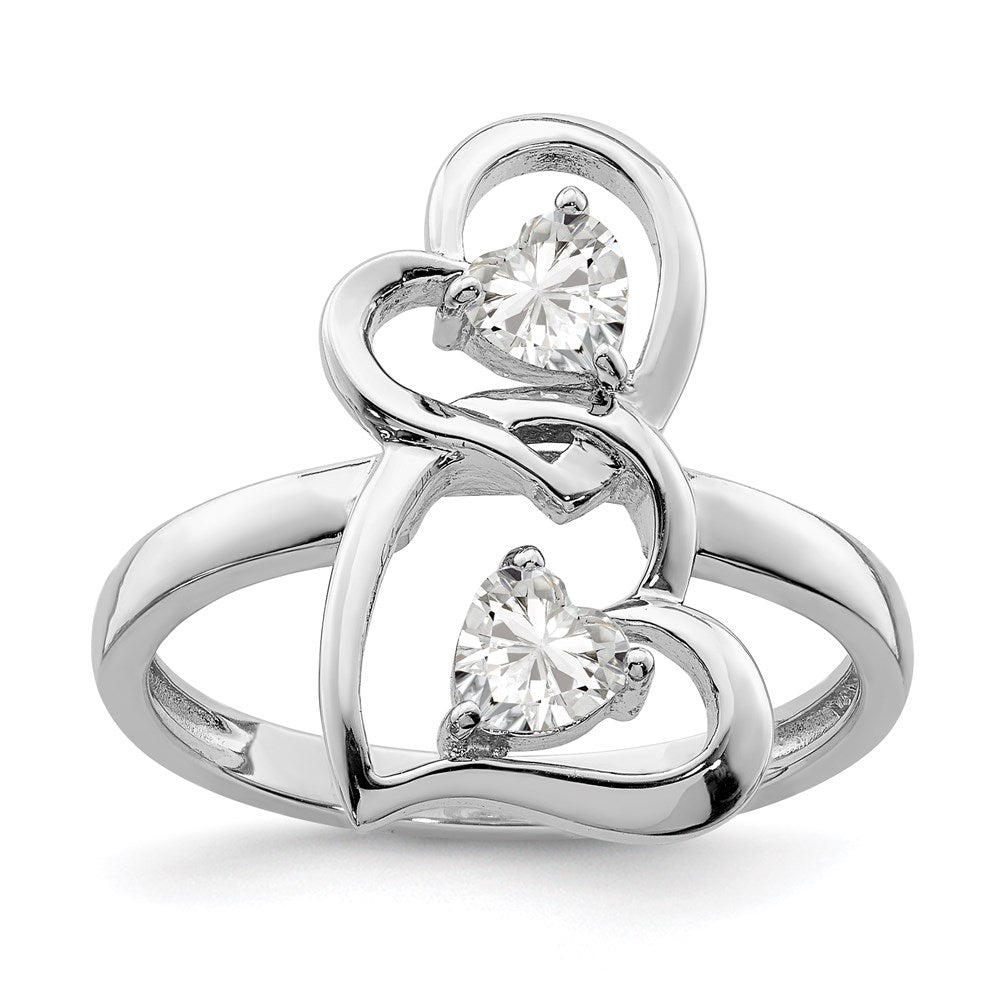 Sterling Silver Rhodium-plated CZ Double Heart Ring - 4