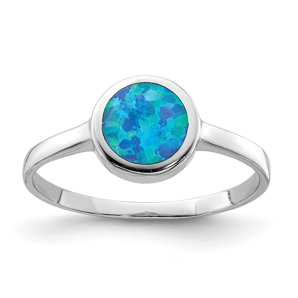 Sterling Silver Rhodium-plated Polished Round Synthetic Opal Ring - 3