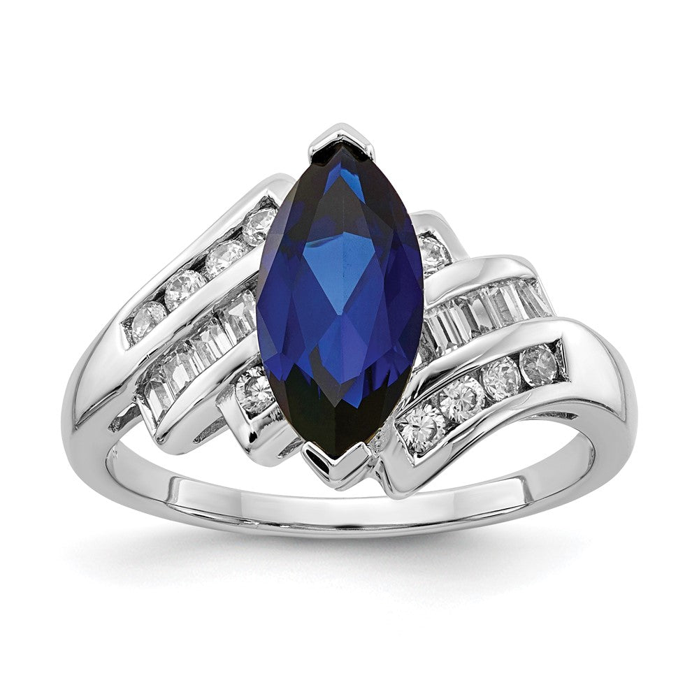 Sterling Silver Rhodium-plated Created Blue Sapphire and CZ Marquise Ring - 3