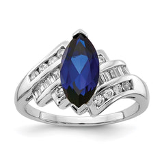 Sterling Silver Rhodium-plated Created Blue Sapphire and CZ Marquise Ring - 3