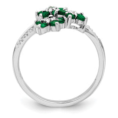 Sterling Silver Rhodium-plated 3 Flower Emerald and Diamond Ring - 3