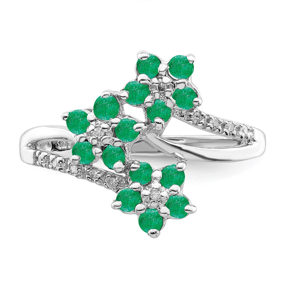 Sterling Silver Rhodium-plated 3 Flower Emerald and Diamond Ring - 2
