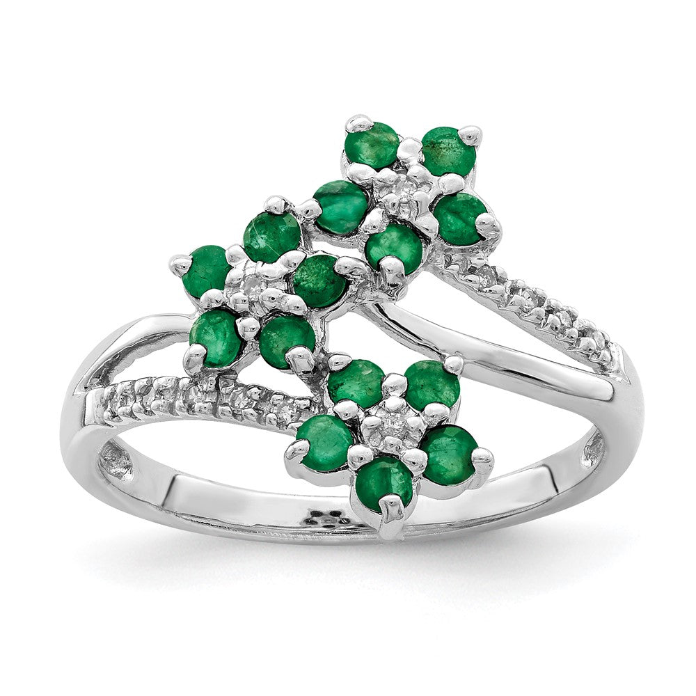 Sterling Silver Rhodium-plated 3 Flower Emerald and Diamond Ring - 3