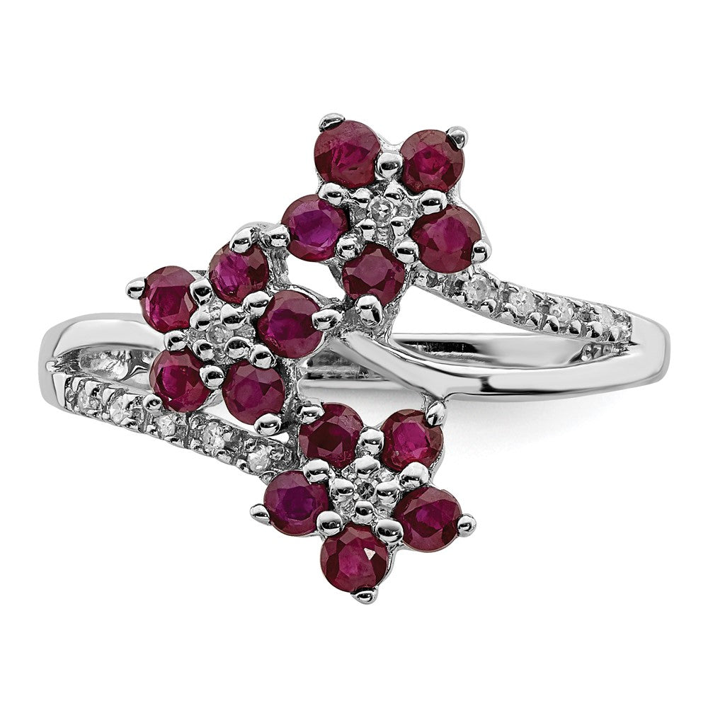 Sterling Silver Rhodium-plated 3 Flower Ruby and Diamond Ring - 3