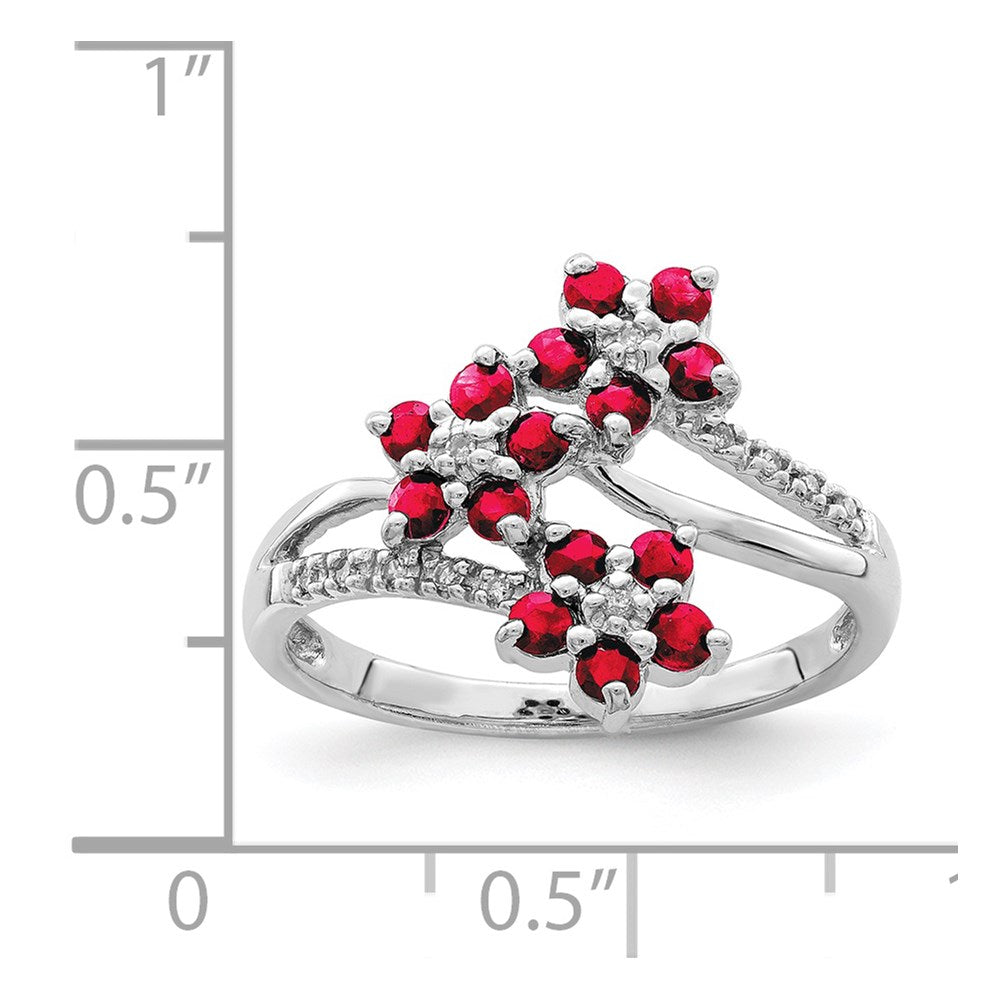 Sterling Silver Rhodium-plated 3 Flower Ruby and Diamond Ring - 3