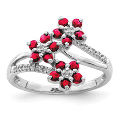 Sterling Silver Rhodium-plated 3 Flower Ruby and Diamond Ring - 2