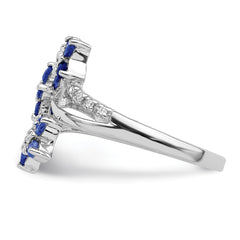Sterling Silver Rhodium-plated 3 Flower Sapphire and Diamond Ring - 2