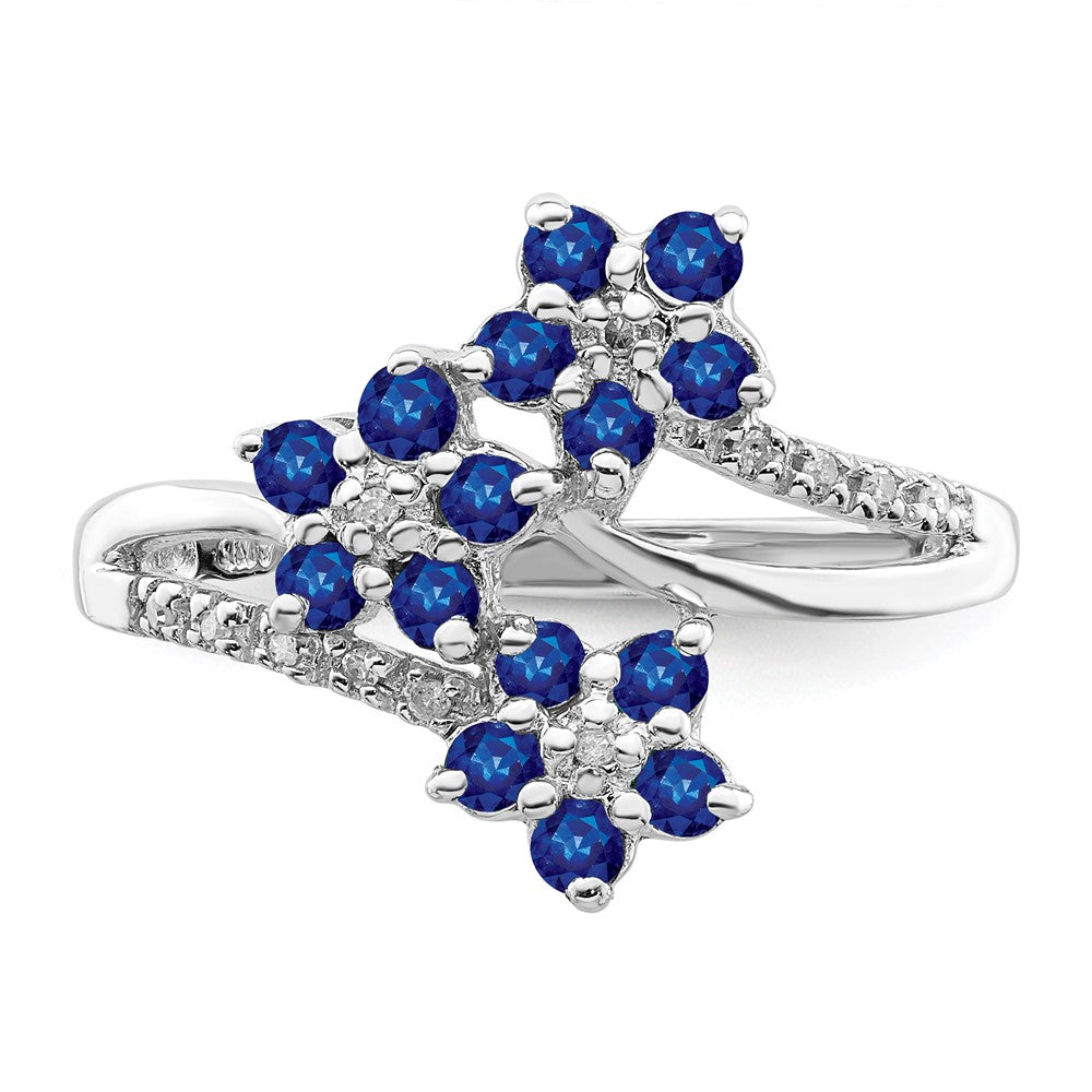 Sterling Silver Rhodium-plated 3 Flower Sapphire and Diamond Ring - 3