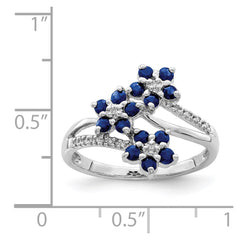 Sterling Silver Rhodium-plated 3 Flower Sapphire and Diamond Ring - 2