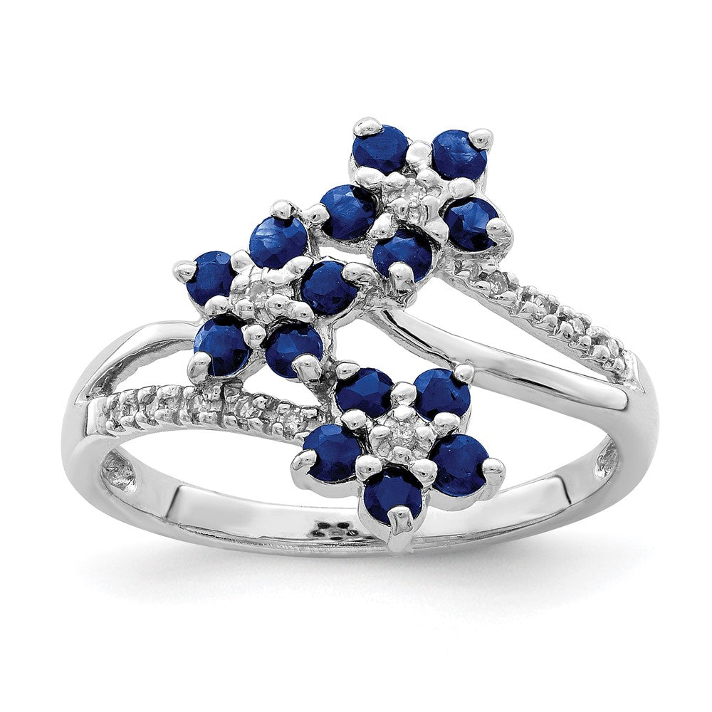 Sterling Silver Rhodium-plated 3 Flower Sapphire and Diamond Ring - 2