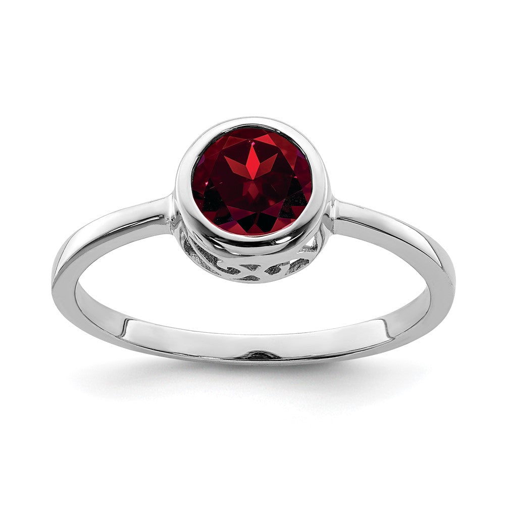 Sterling Silver Rhodium-plated Polished Garnet Round Ring - 3