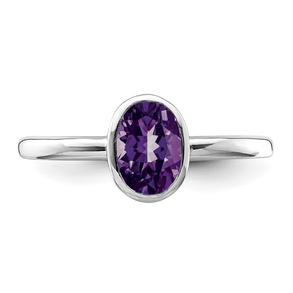 Sterling Silver Rhodium-plated Polished Amethyst Oval Ring - 3