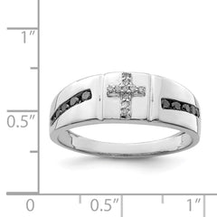 Sterling Silver Rhodium Plated Black and White Diam. Cross Men's Ring - 3