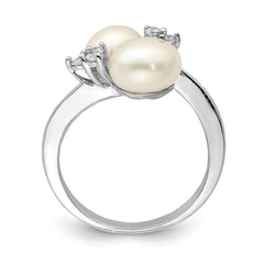 Sterling Silver Rhodium-plated 8-9mm White Button Freshwater Cultured Pearl and CZ Ring - 8