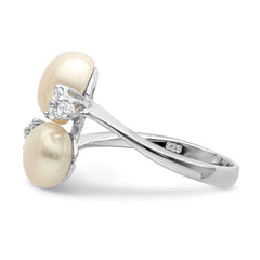 Sterling Silver Rhodium-plated 8-9mm White Button Freshwater Cultured Pearl and CZ Ring - 8