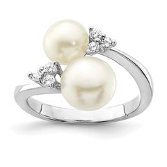 Sterling Silver Rhodium-plated 8-9mm White Button Freshwater Cultured Pearl and CZ Ring - 8