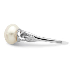 Sterling Silver Rhodium-plated 8-9mm White Button Freshwater Cultured Pearl and CZ Ring - 11