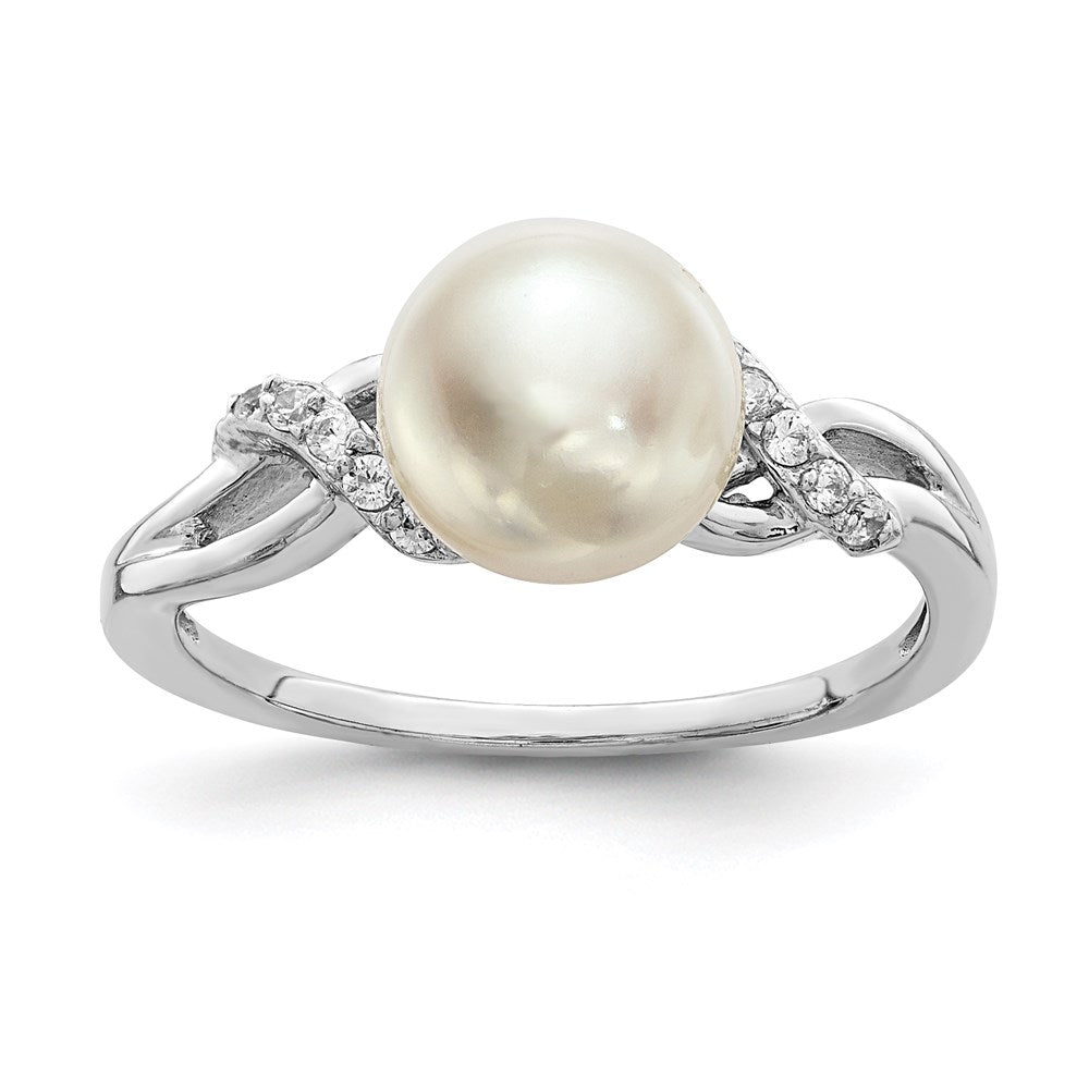 Sterling Silver Rhodium-plated 8-9mm White Button Freshwater Cultured Pearl and CZ Ring - 11