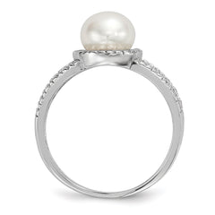Sterling Silver Rhodium-plated 7-8mm White Button Freshwater Cultured Pearl and CZ Ring - 3