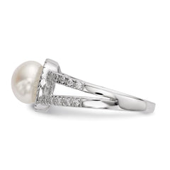 Sterling Silver Rhodium-plated 7-8mm White Button Freshwater Cultured Pearl and CZ Ring - 3