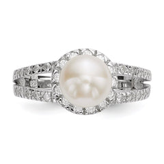 Sterling Silver Rhodium-plated 7-8mm White Button Freshwater Cultured Pearl and CZ Ring - 3