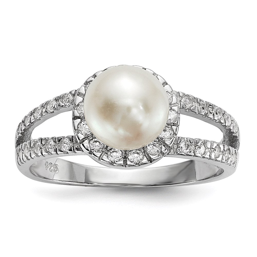 Sterling Silver Rhodium-plated 7-8mm White Button Freshwater Cultured Pearl and CZ Ring - 3