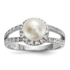 Sterling Silver Rhodium-plated 7-8mm White Button Freshwater Cultured Pearl and CZ Ring - 3