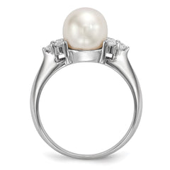 Sterling Silver Rhodium-plated 8-9mm White Button Freshwater Cultured Pearl and CZ Ring - 12