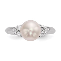 Sterling Silver Rhodium-plated 8-9mm White Button Freshwater Cultured Pearl and CZ Ring - 12