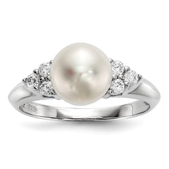 Sterling Silver Rhodium-plated 8-9mm White Button Freshwater Cultured Pearl and CZ Ring - 12