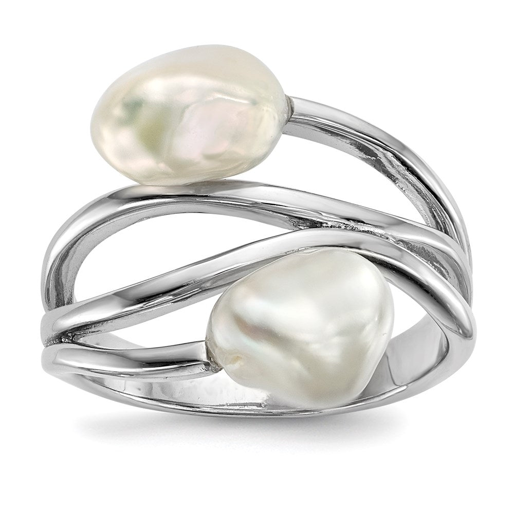 Sterling Silver Rhodium-plated 7-8mm White Baroque Freshwater Cultured Pearl Ring - 2