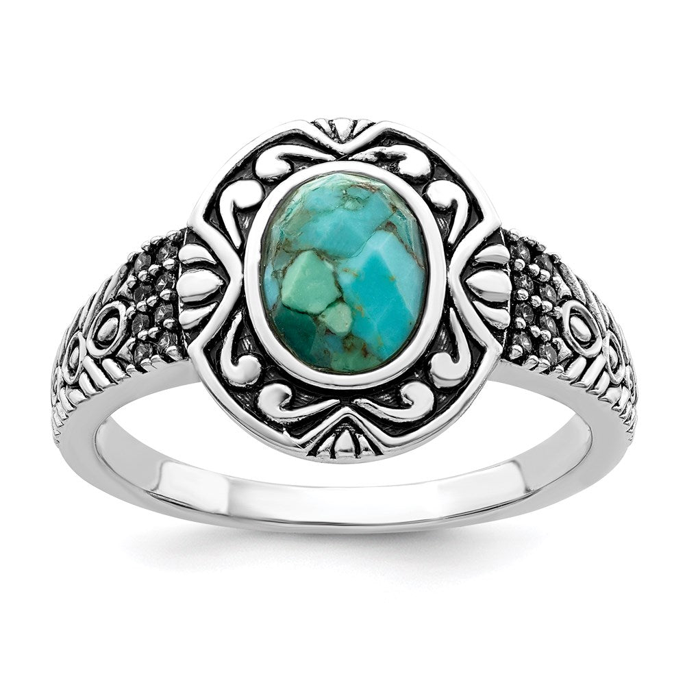 Sterling Silver Rhodium-plated Oxidized Faceted Recon. Turquoise Ring - 3