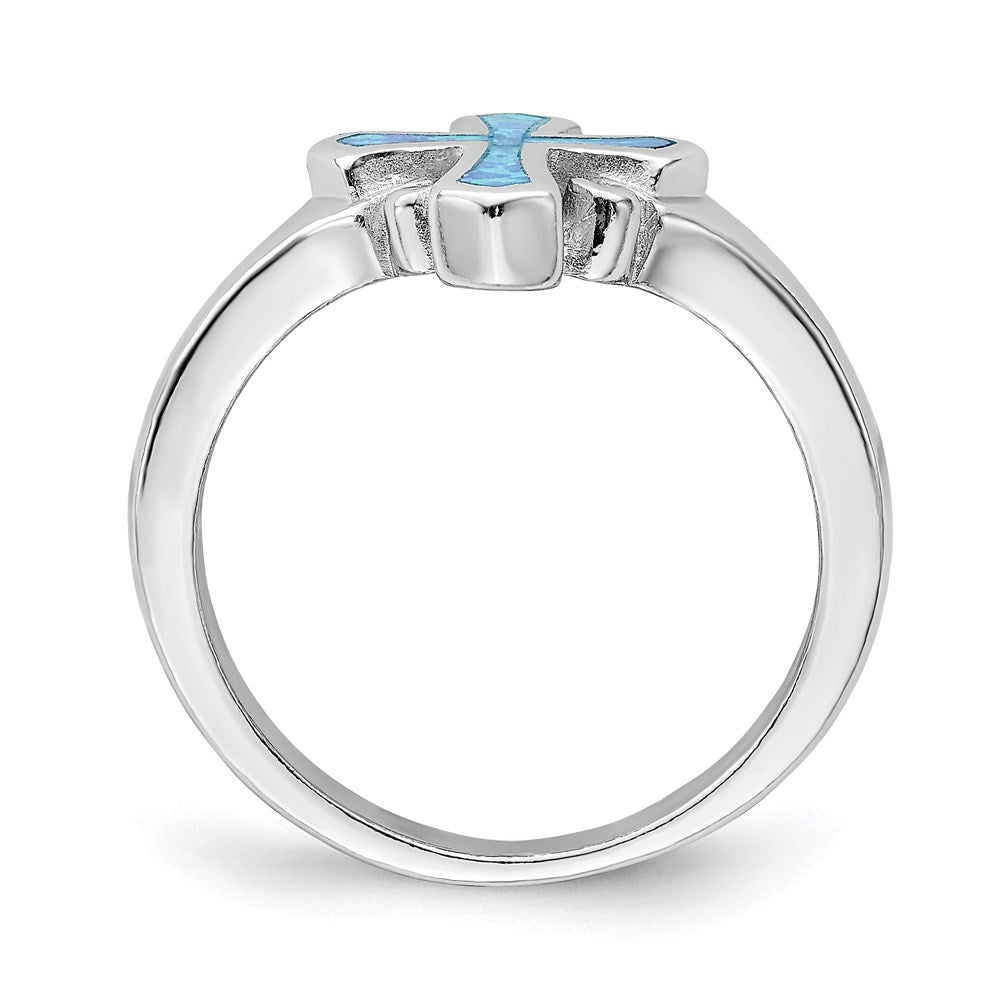Sterling Silver Rhodium-plated Blue Inlay Created Opal Cross Ring - 3