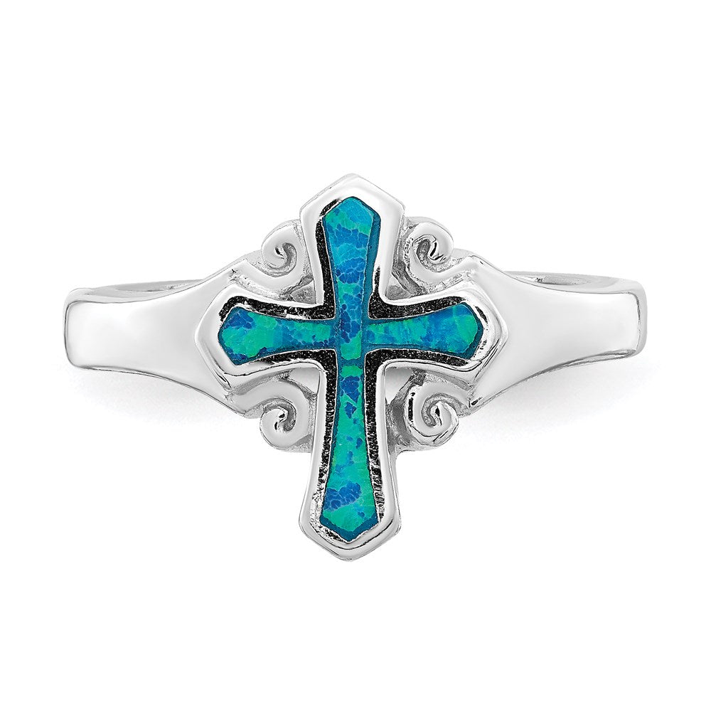 Sterling Silver Rhodium-plated Blue Inlay Created Opal Cross Ring - 2
