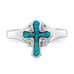Sterling Silver Rhodium-plated Blue Inlay Created Opal Cross Ring - 2