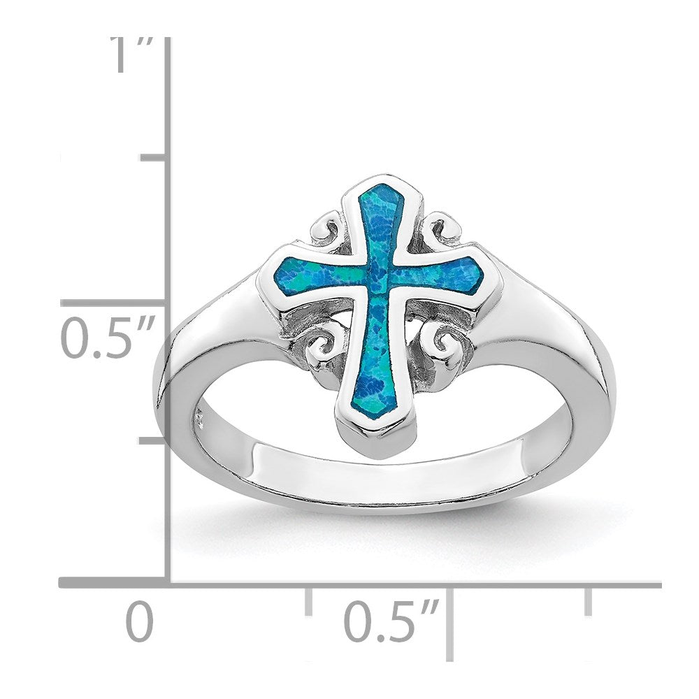 Sterling Silver Rhodium-plated Blue Inlay Created Opal Cross Ring - 3