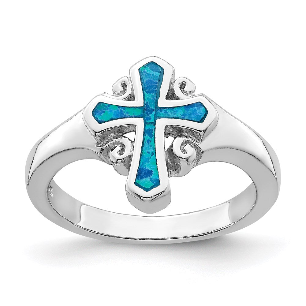 Sterling Silver Rhodium-plated Blue Inlay Created Opal Cross Ring - 3