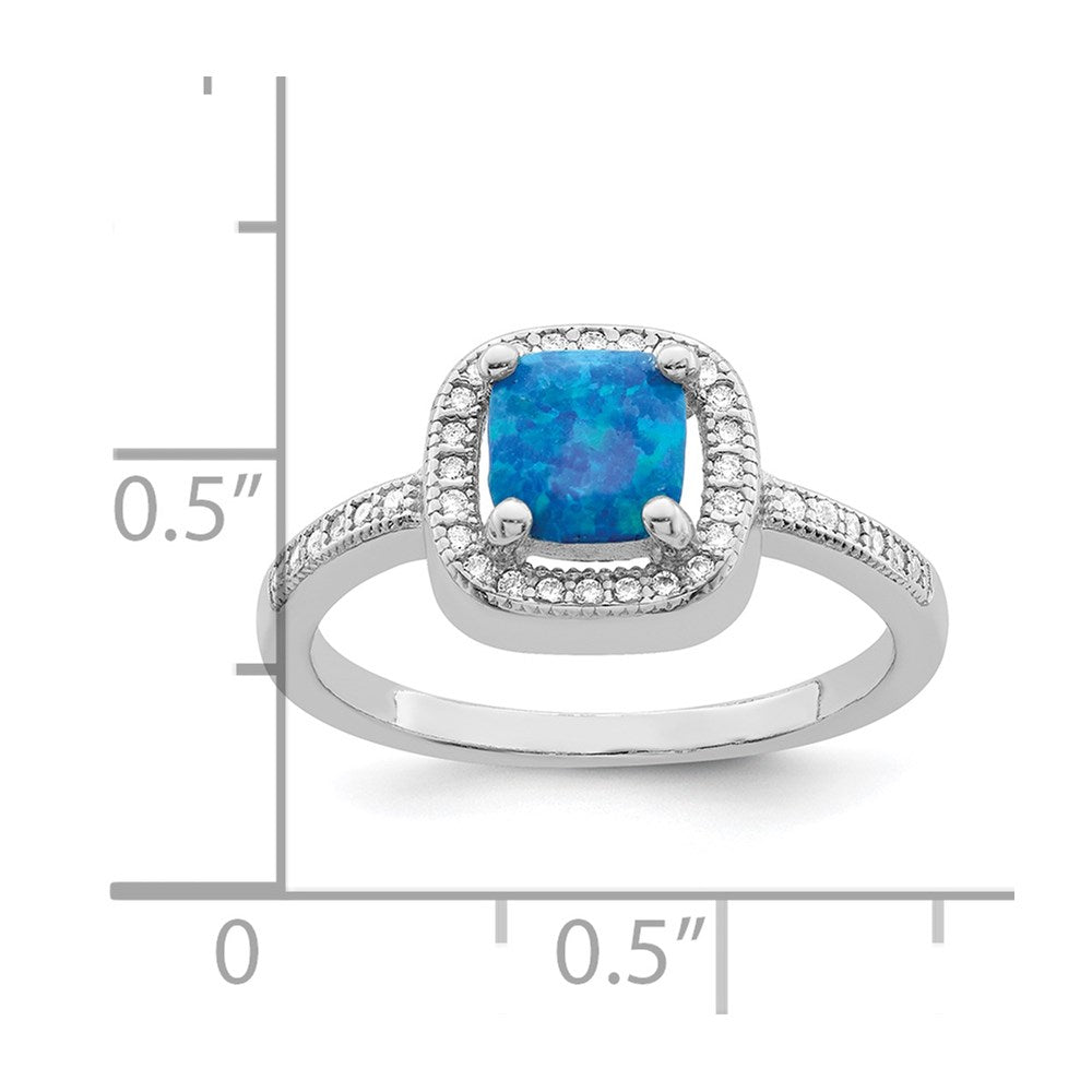 Sterling Silver Rhodium-plated Square Blue Created Opal CZ Ring - 3