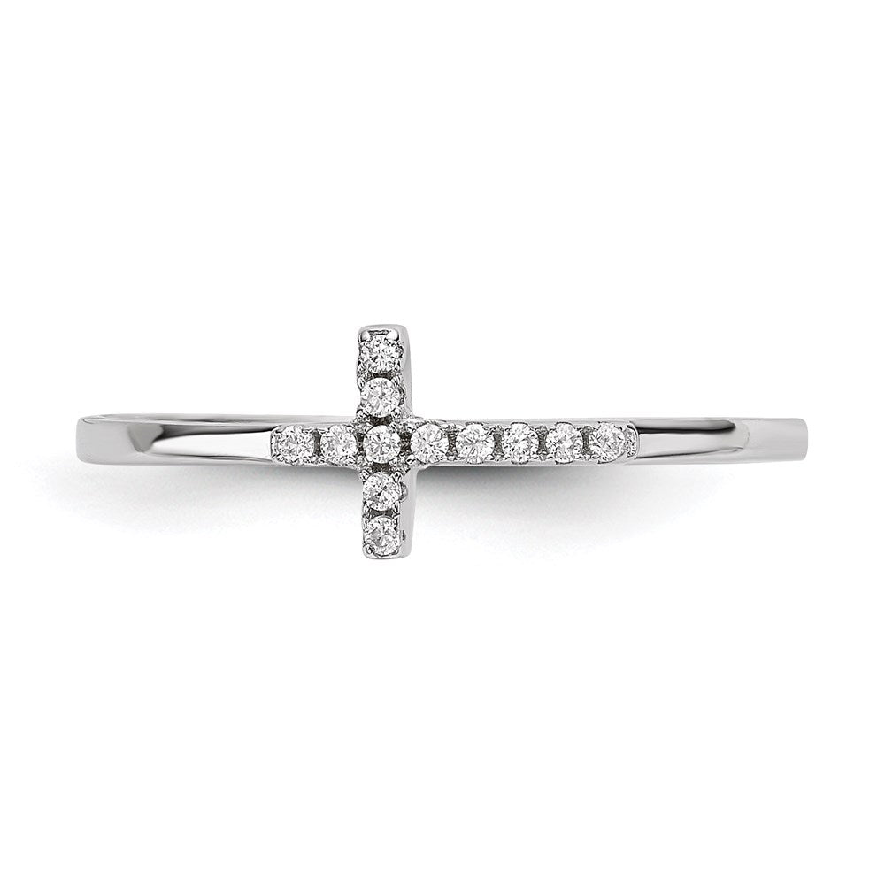 Sterling Silver Rhodium-plated CZ Side Cross Polished Ring - 2