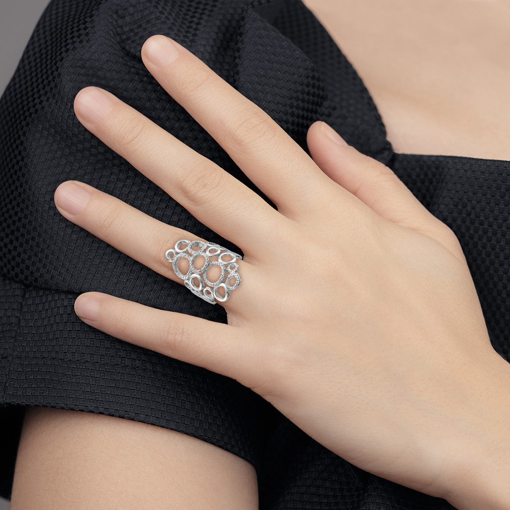 Sterling Silver Rhodium-plated Polished & Textured Circles Ring - 2