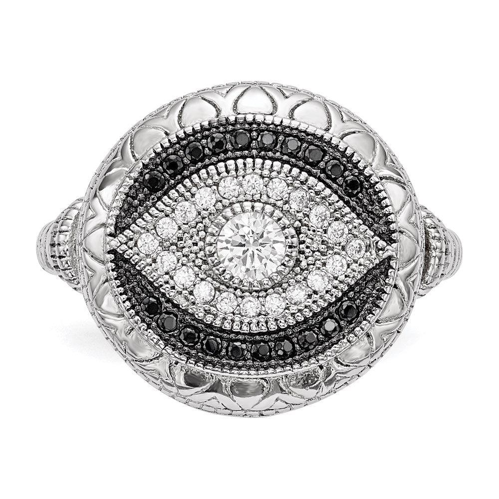 Sterling Silver Rhodium-plated Black and White CZ Evil Eye Ring - 3