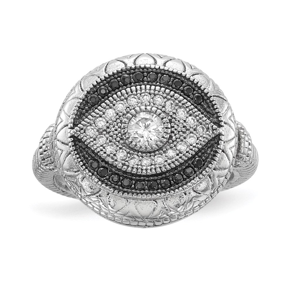 Sterling Silver Rhodium-plated Black and White CZ Evil Eye Ring - 3