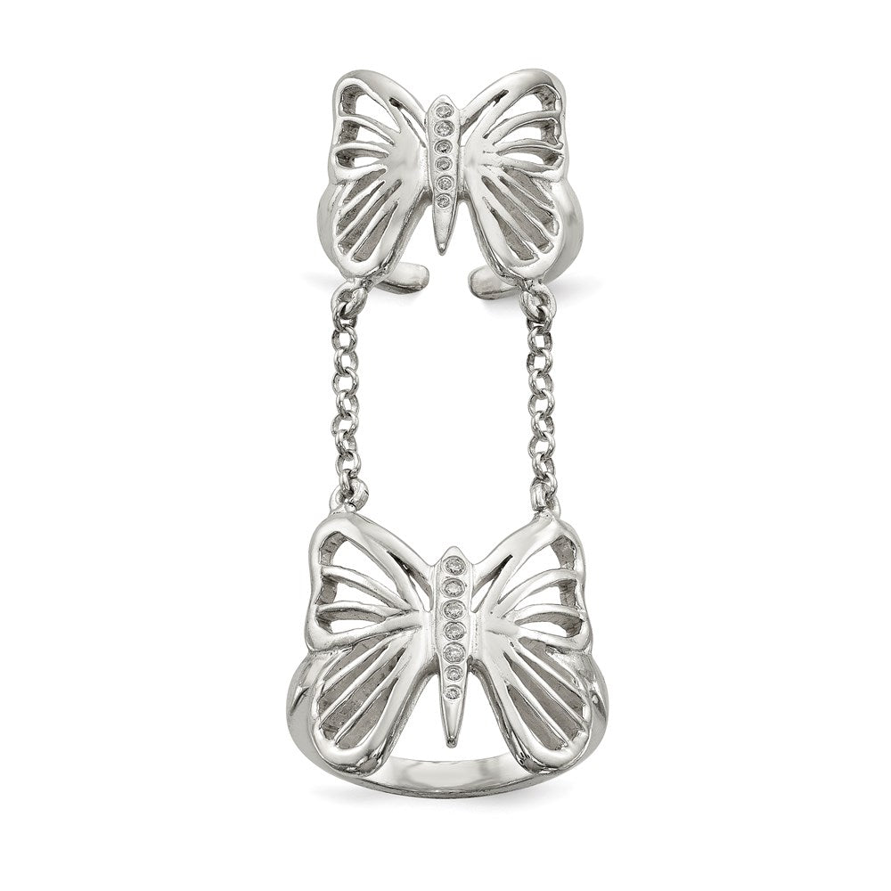 Sterling Silver Polished CZ Butterfly Double Finger Ring - 2
