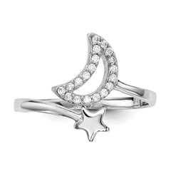 Sterling Silver Rhodium-plated CZ Moon and Star Ring - 3