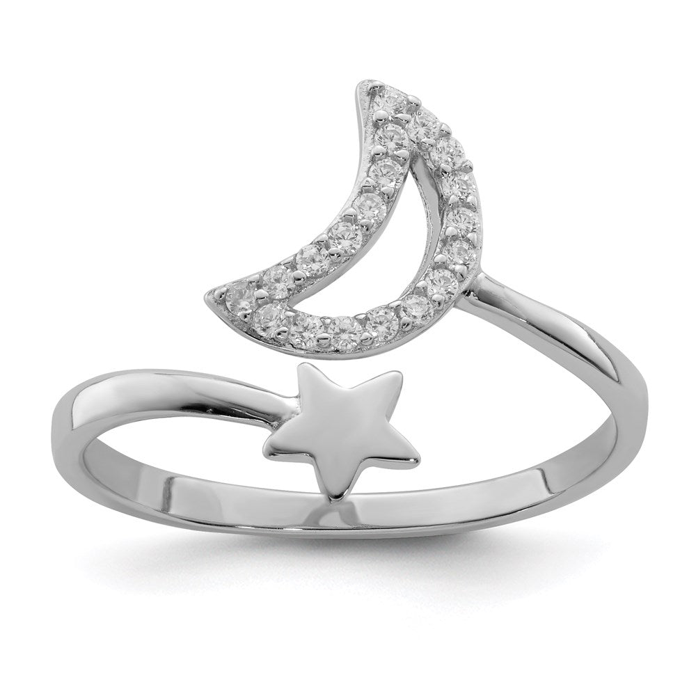 Sterling Silver Rhodium-plated CZ Moon and Star Ring - 3