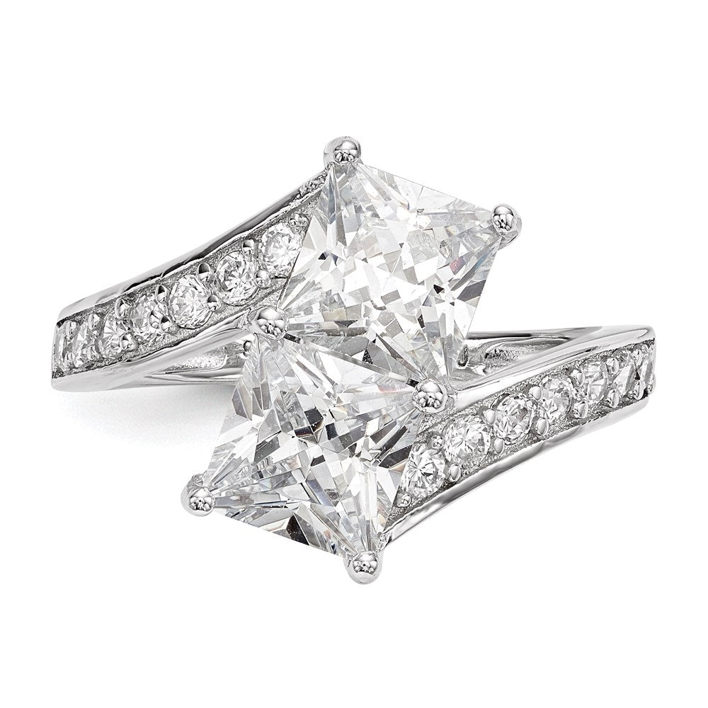 Sterling Silver Rhodium-plated CZ Two Stone Square Bypass Ring - 3