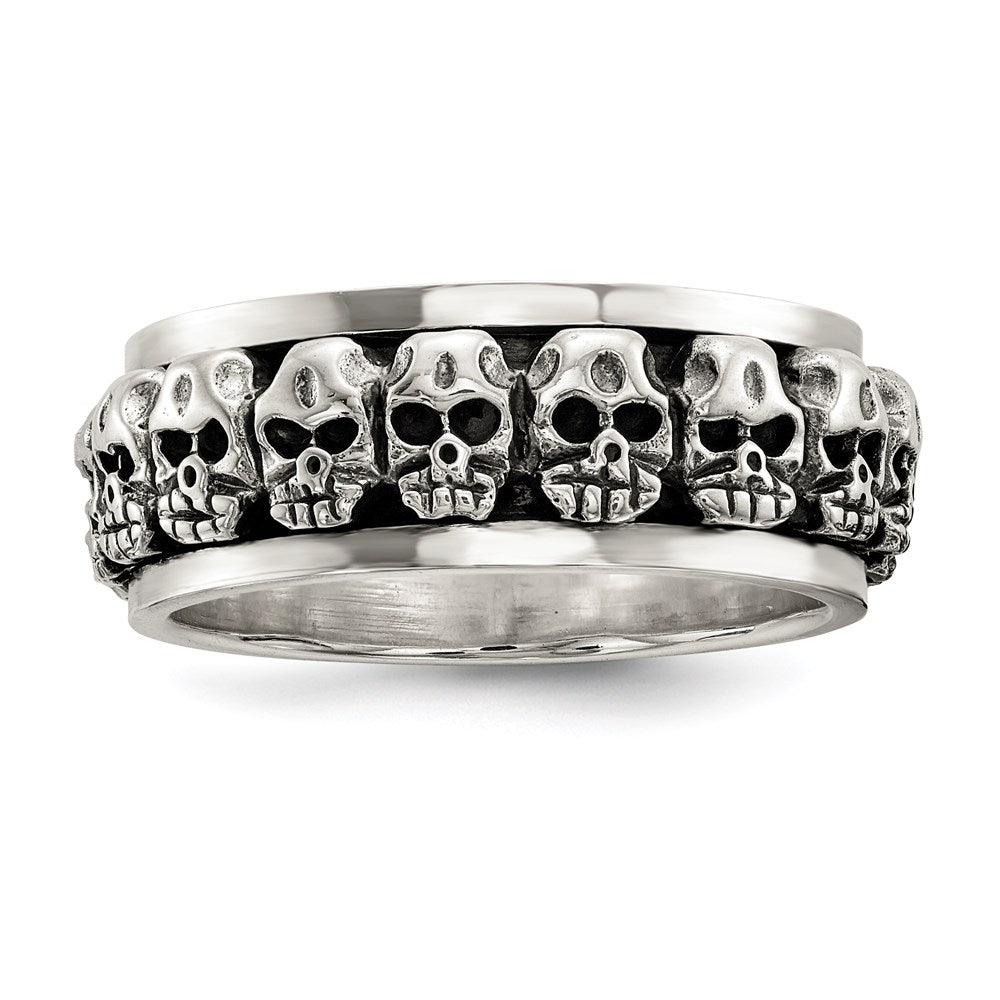 Sterling Silver Polished Spinning Center Antiqued Skull Ring - 4